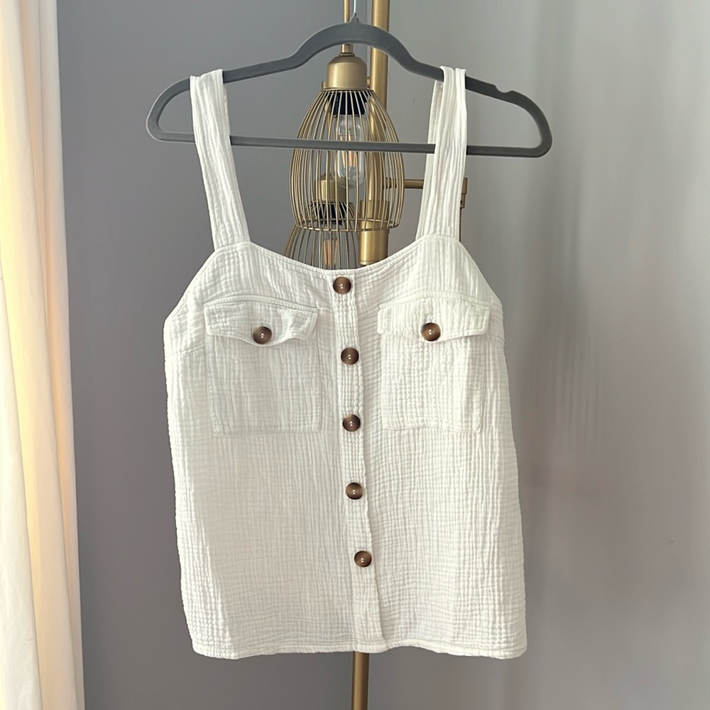 White Button-Front Gauze Tank Top
